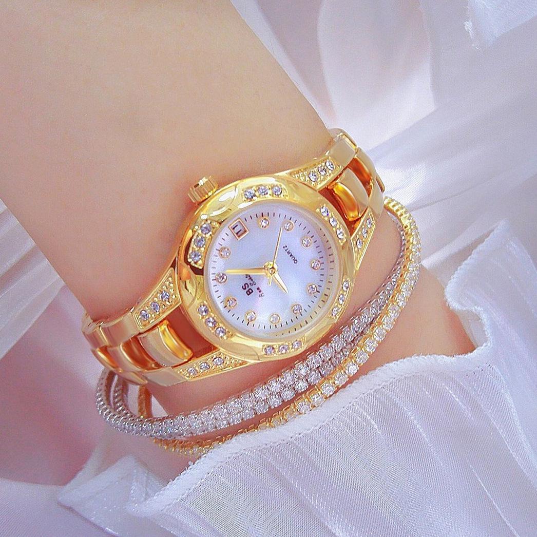 Women Diamond Chain Watch with Calendar - Small Round Design - Gold