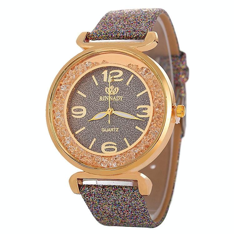 Gold Rhinestone Quartz Watch with Pu Leather Strap for Women - Green