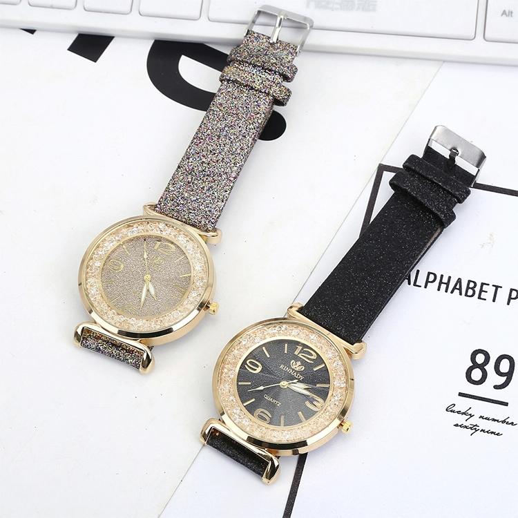 Gold Rhinestone Quartz Watch with Pu Leather Strap for Women - Green