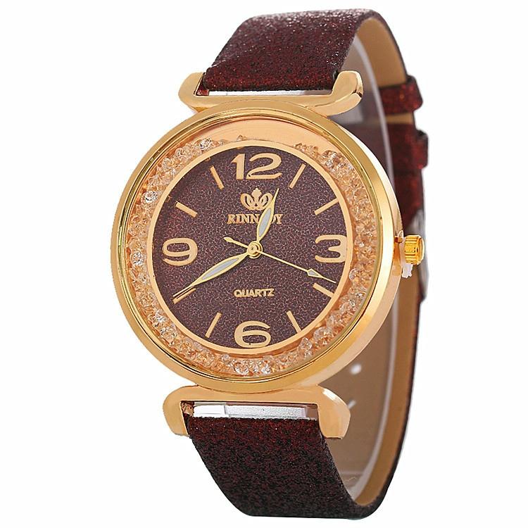 Gold Rhinestone Quartz Watch with Pu Leather Strap for Women - Green