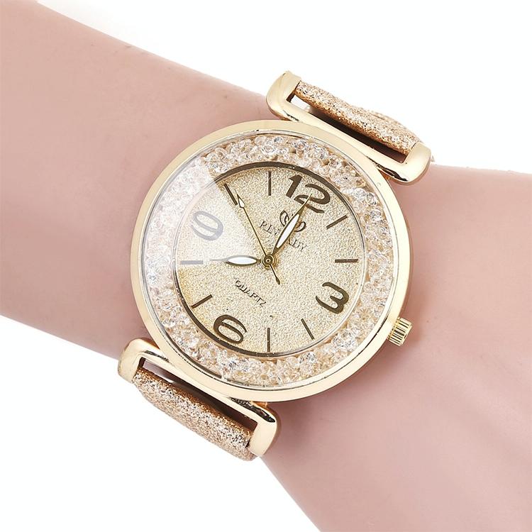Gold Rhinestone Quartz Watch with Pu Leather Strap for Women - Green