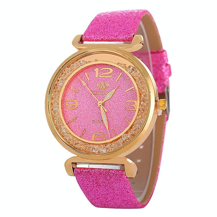 Gold Rhinestone Quartz Watch with Pu Leather Strap for Women - Green