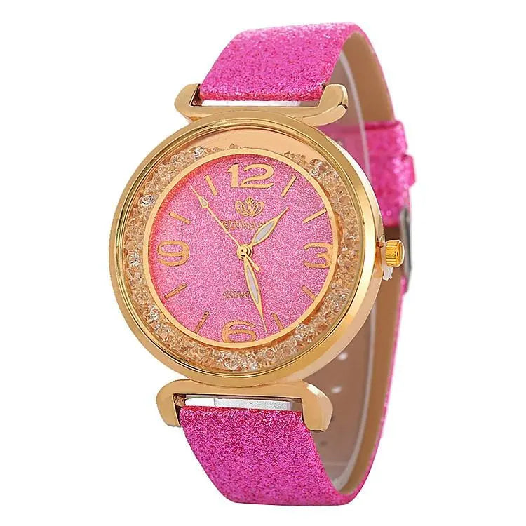 Gold Rhinestone Quartz Watch with Pu Leather Strap for Women - Green Femina Worldwide