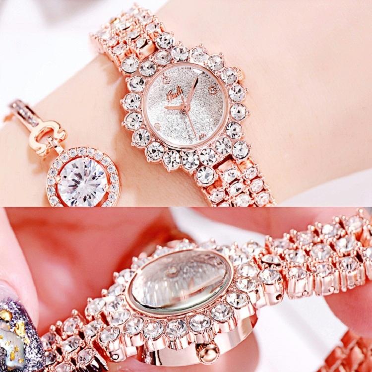 Women Quartz Bracelet Watch with Diamond Accents - Golden Shell Black Plate