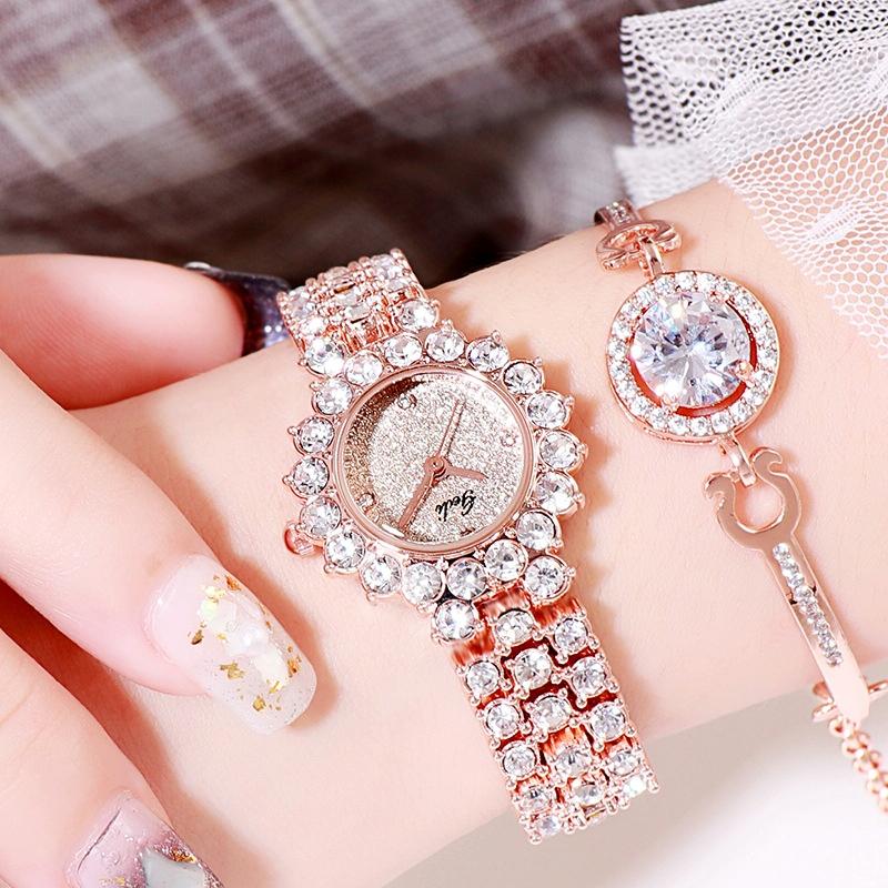 Women Quartz Bracelet Watch with Diamond Accents - Golden Shell Black Plate