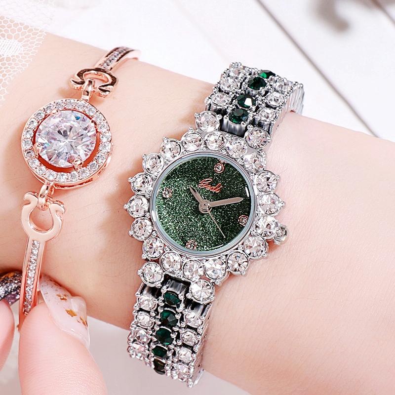 Women Quartz Bracelet Watch with Diamond Accents - Golden Shell Black Plate