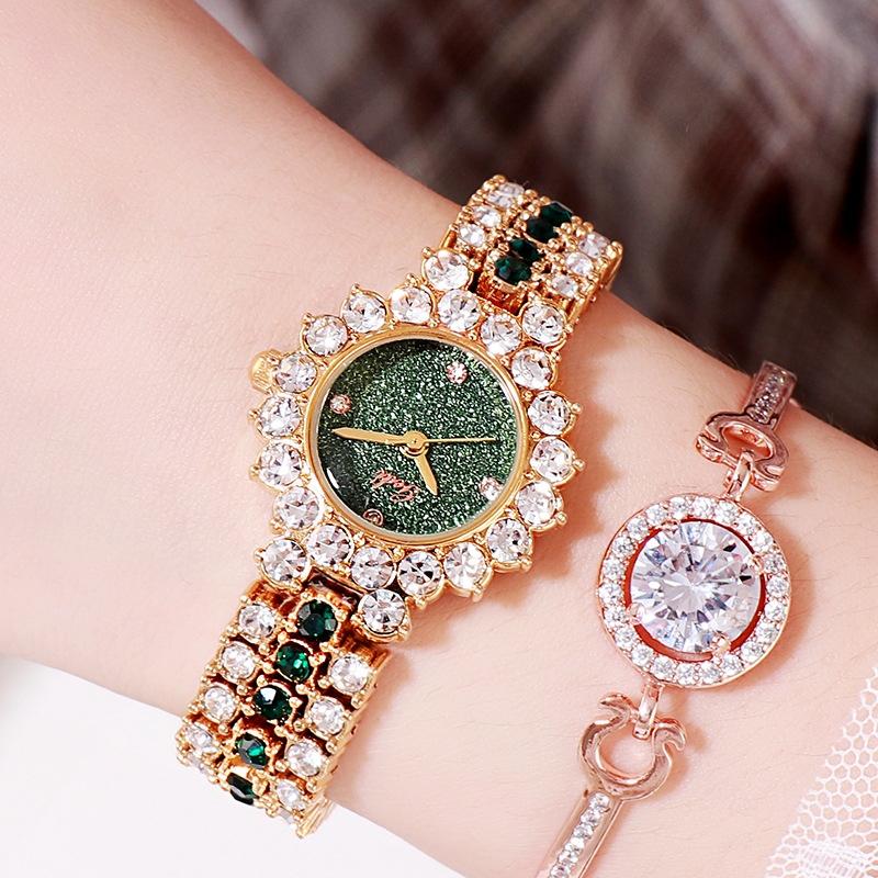 Women Quartz Bracelet Watch with Diamond Accents - Golden Shell Black Plate
