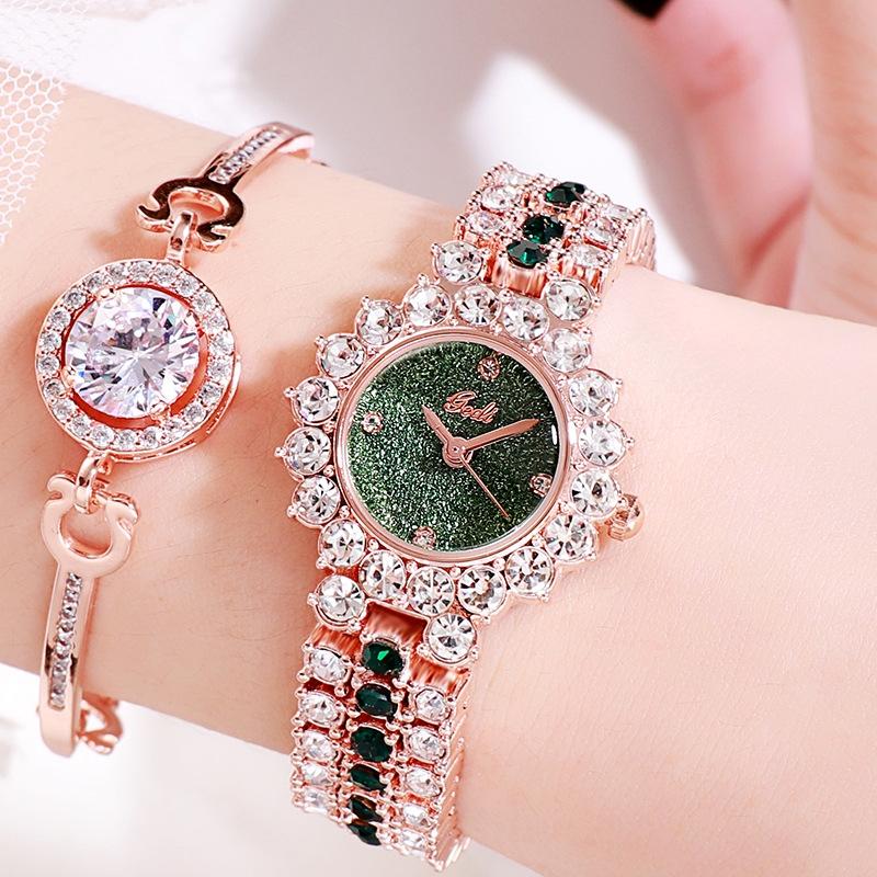 Women Quartz Bracelet Watch with Diamond Accents - Golden Shell Black Plate
