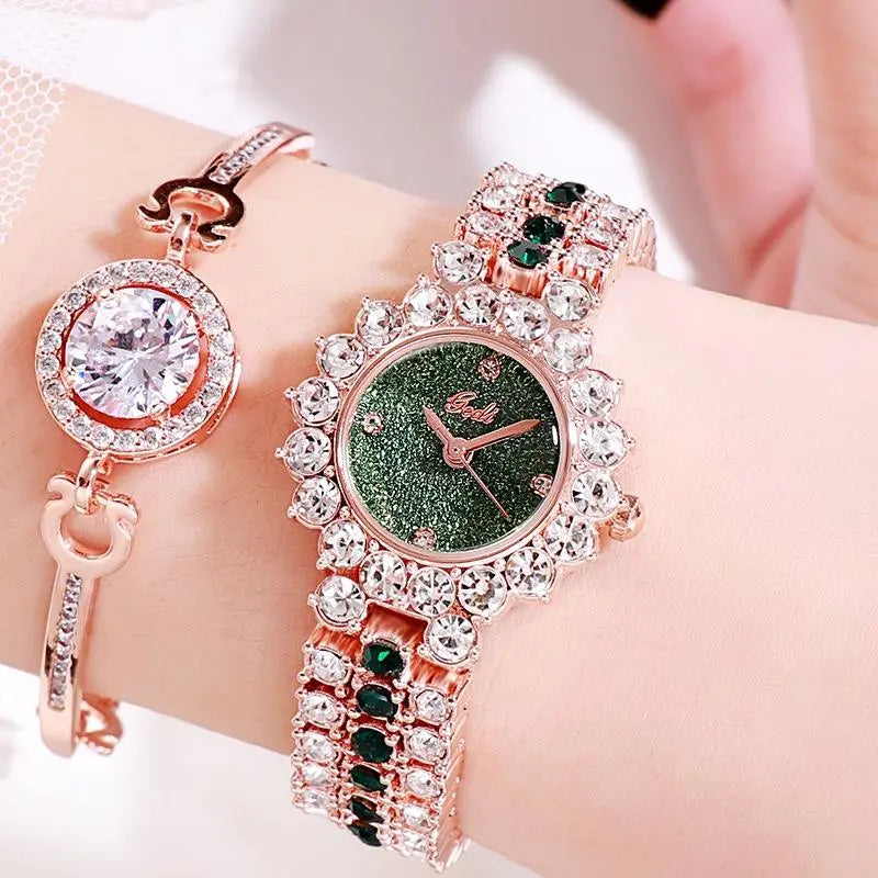 Women Quartz Bracelet Watch with Diamond Accents - Golden Shell Black Plate Femina Worldwide