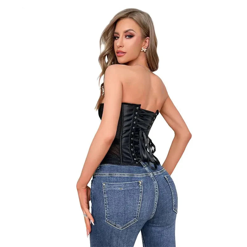 Transparent Gothic Corset With Thong Plus Size S-6Xl Mesh Net Lingerie Bustier - S