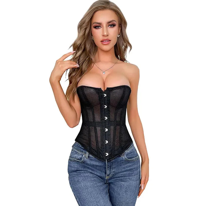 Transparent Gothic Corset With Thong Plus Size S-6Xl Mesh Net Lingerie Bustier - S