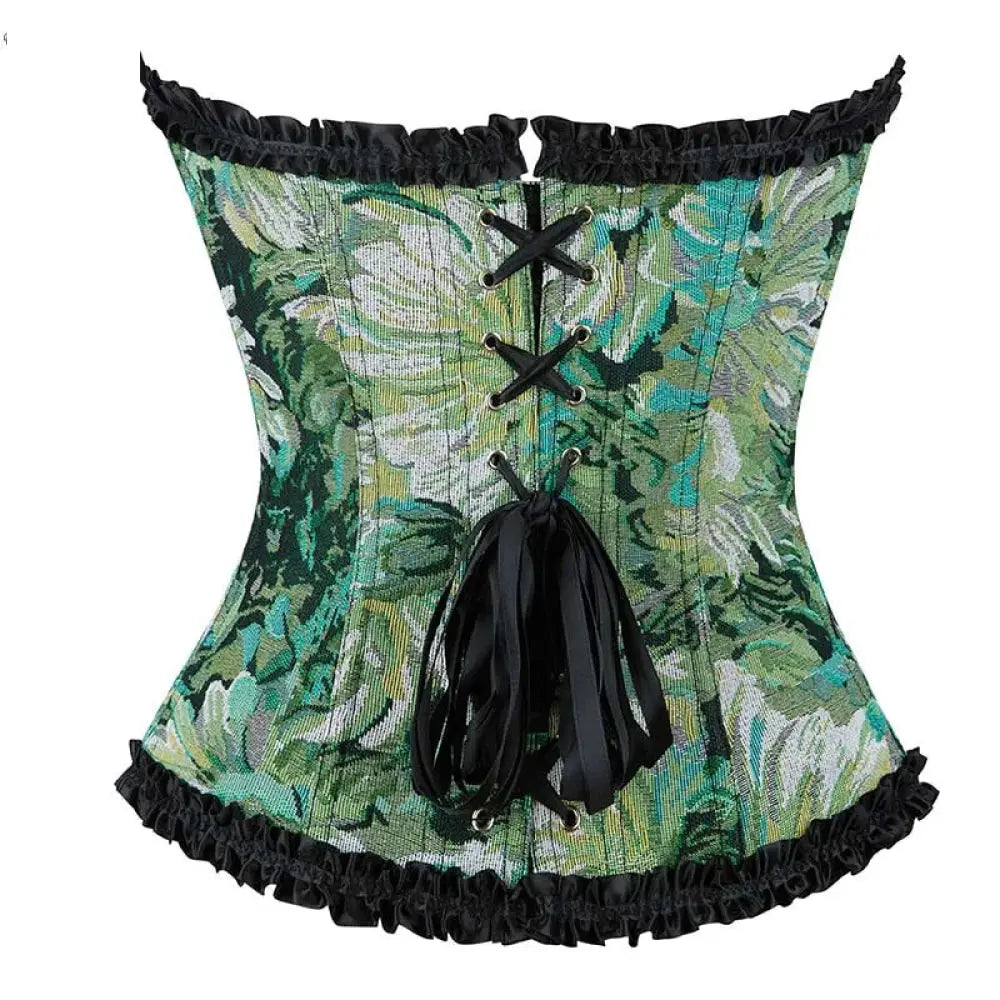 Ruffled Lace Trim Boned Corset Top Green Renaissance Christmas Lingerie - Xs Femina Worldwide
