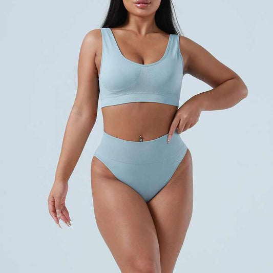 S Blue Seamless High-Waist Ribbed Bra & Panty Set - Wireless Stretchy Underwear