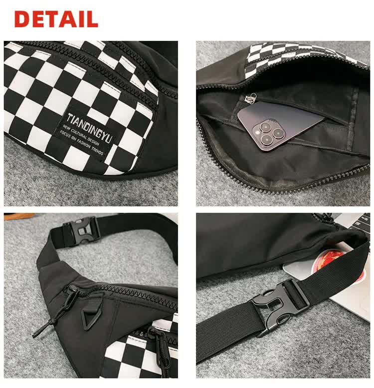 Multi-Coloured Patchwork Black and White Check Trendy Checkered Crossbody Bag - Color-Block Chest Bag for Men and Women, Lightweight Nylon Waist Bag Femina Worldwide