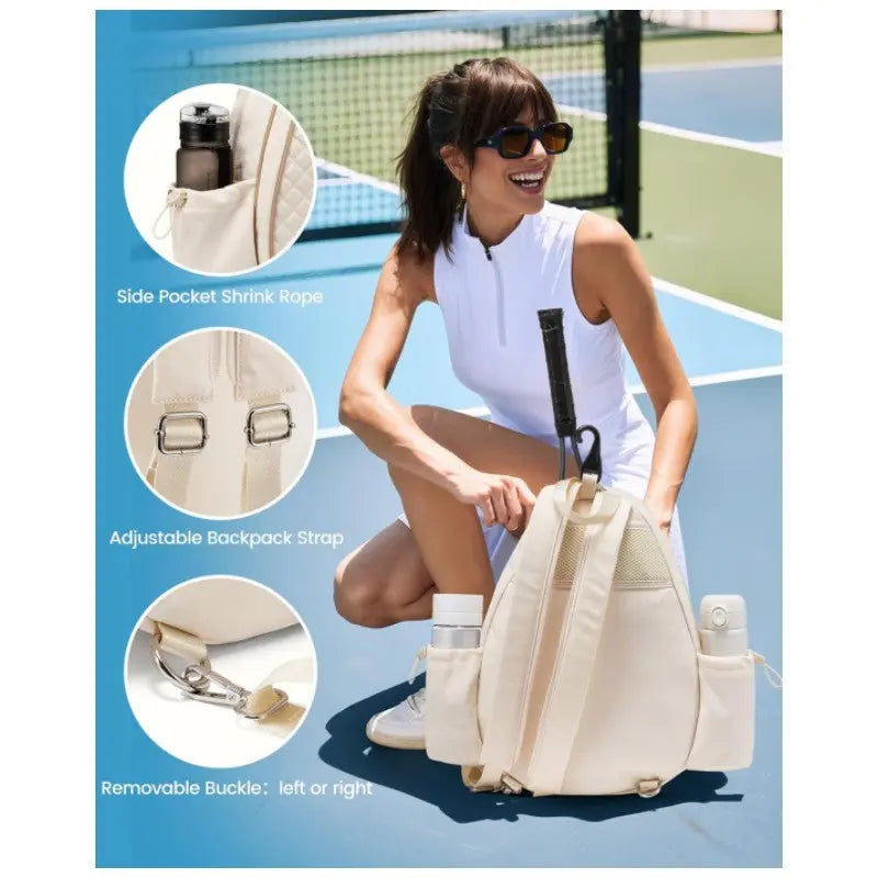 Off White Lightweight Waterproof Tennis Racket Backpack - Multifunction Sling and Backpack for Men and Women(The water cup racket is a shooting prop and is not included) Femina Worldwide