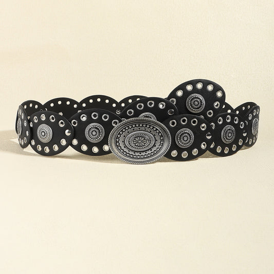Black Vintage Western Post-Apocalyptic Women’s Waist Belt with Eyelet Oval Carvings