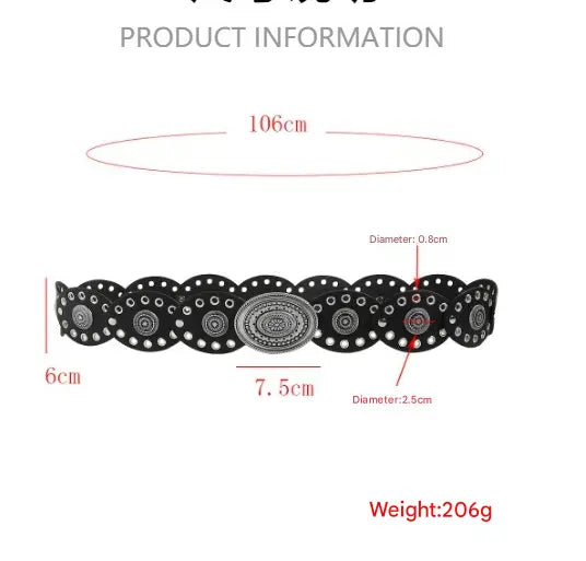 Black Vintage Western Post-Apocalyptic Women’s Waist Belt with Eyelet Oval Carvings Femina Worldwide
