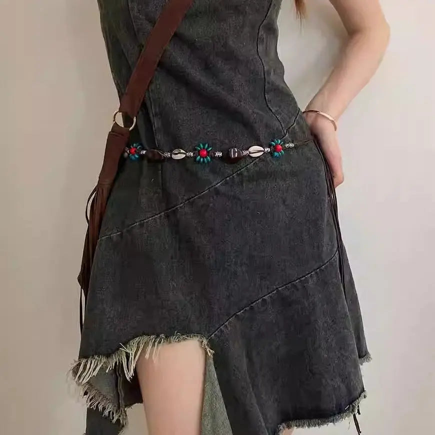 2 PCS Shell Red Beads Ethnic Style Waist Chain - Beaded Bohemian Belt for Women Femina Worldwide
