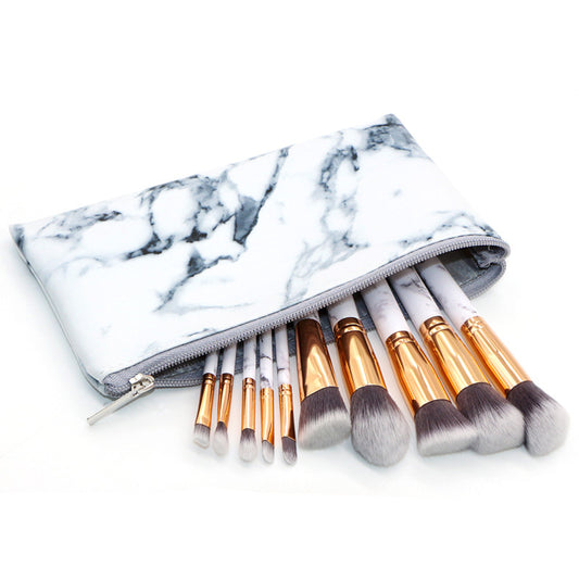 (Bag + Brush) White Marble Makeup Brush Collection - 10 brushes for face, eyes and lips