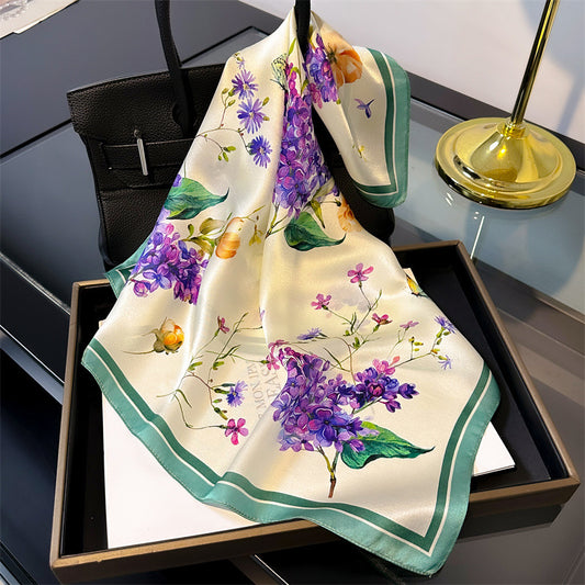 Purple flowers Women's silk scarves, accessories for all seasons