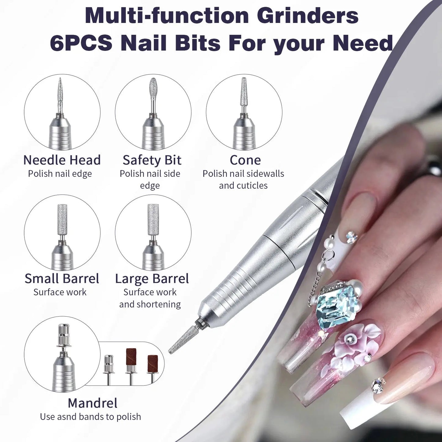 White Portable Electric Nail Drill - Rechargeable, Adjustable Speed, Low Vibration Femina Worldwide