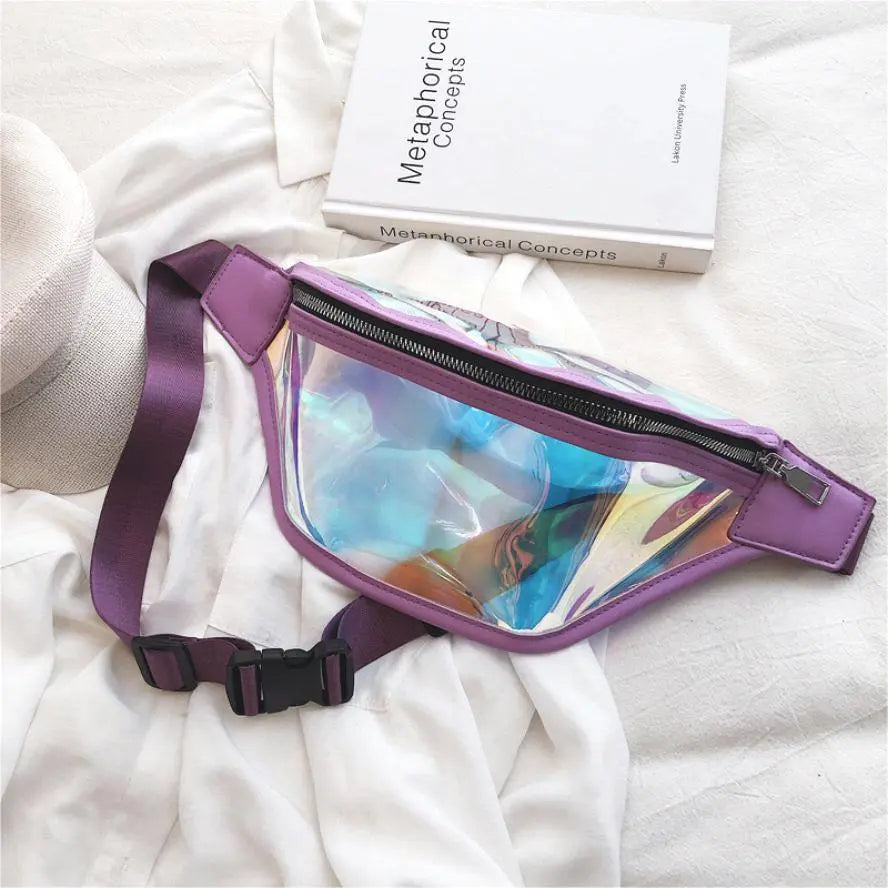 Purple Transparent Waist Bag - Shiny Laser Waist Bag Crossbody Bag Femina Worldwide