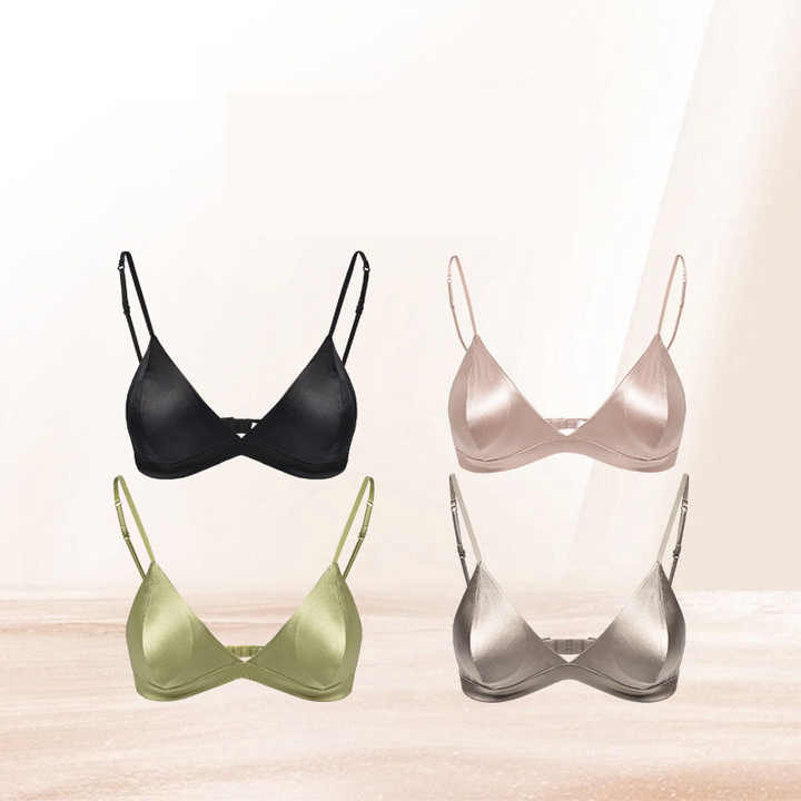 Size M White French Style Mulberry Silk Wireless Bralette - Triangle Cup Anti-Sagging Bra for Fuller Busts, Lightweight Comfort