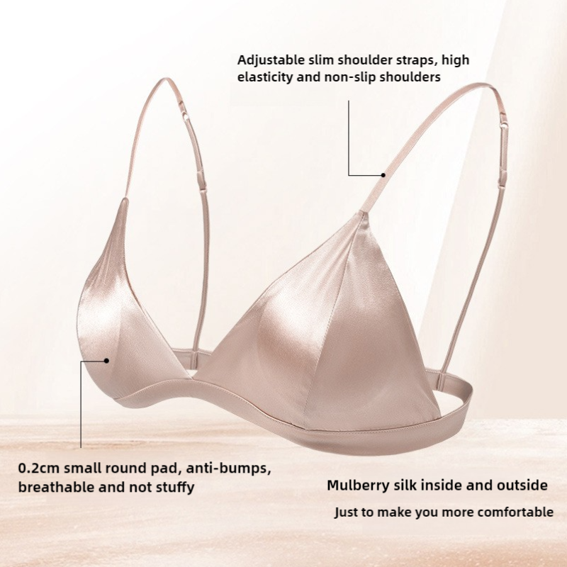 Size L Pink French Style Mulberry Silk Wireless Bralette - Triangle Cup Anti-Sagging Bra for Fuller Busts, Lightweight Comfort
