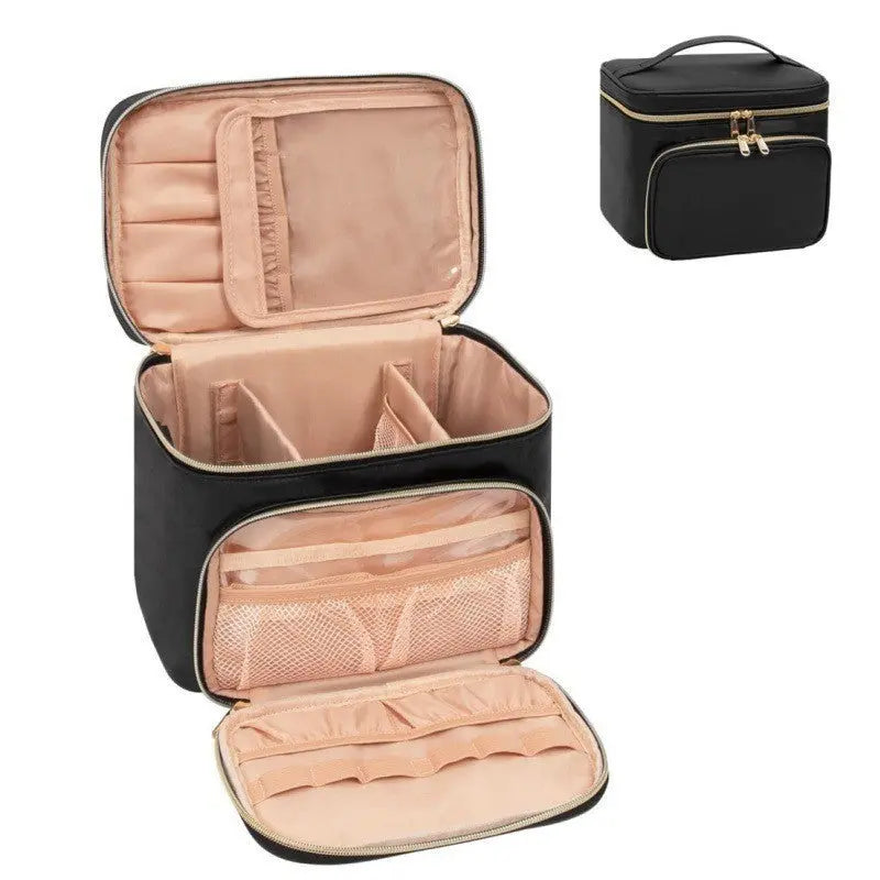 Black Portable Travel Makeup Bag with Brush Compartment - Stylish PU Leather Cosmetic Organizer for Skincare and Toiletry Storage Femina Worldwide