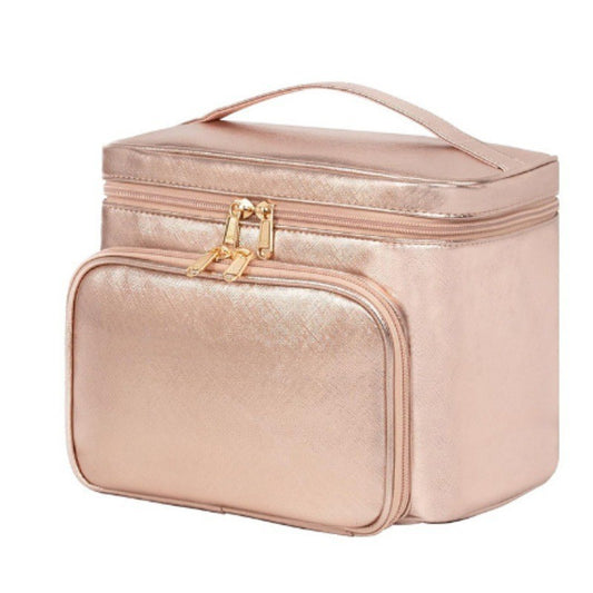 Pink Portable Travel Makeup Bag with Brush Compartment - Stylish PU Leather Cosmetic Organizer for Skincare and Toiletry Storage