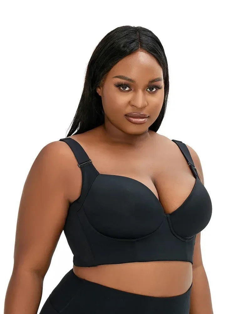 36/80B Black Plus-Size Seamless Underwire Bra - Lift & Support Deep V Sports Back Design
