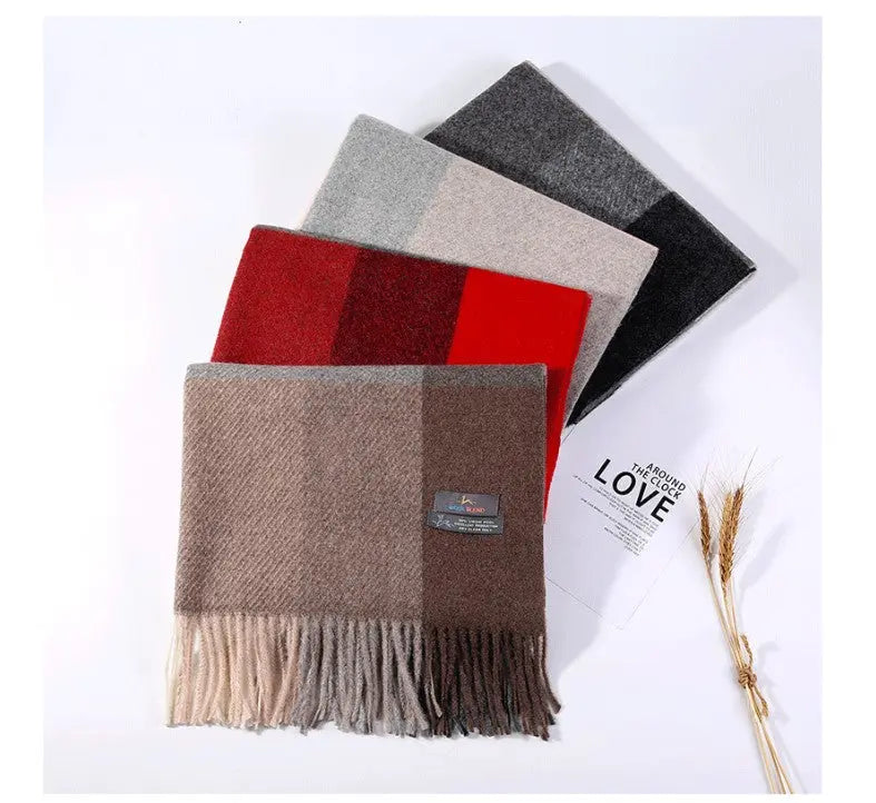 Cozy Color Block Fringe Scarf - Red Shawl for Fall and Winter Femina Worldwide