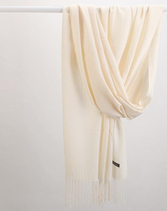 2pc Luxe Soft Imitation Cashmere Scarf - Warm Solid Tone Shawl with Elegant Fringe(Light white)