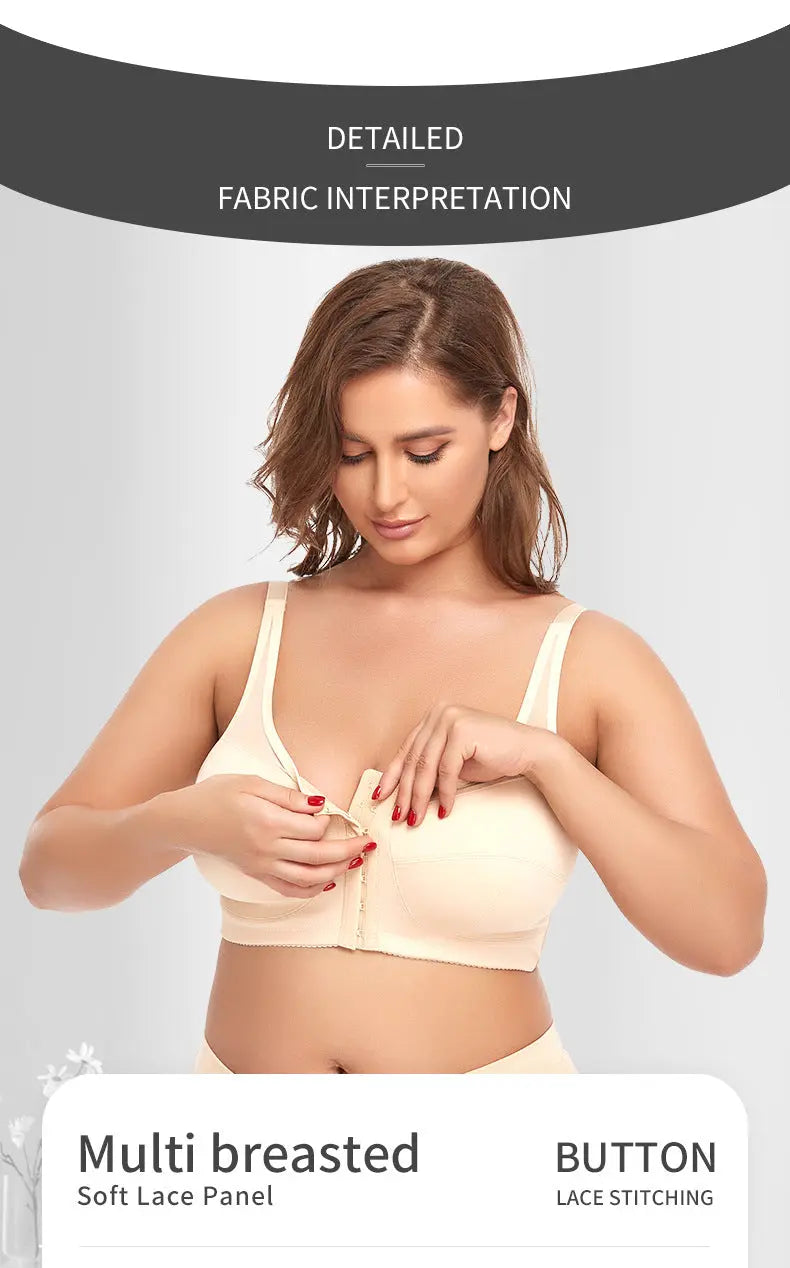 2 Pcs Size L Women's Wireless Large-Cup Lace Bra with Front Clasp - Comfortable, Breathable, Beige Femina Worldwide