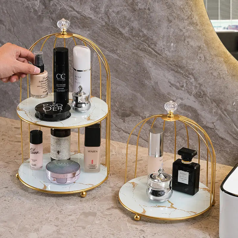 Gold and White Elegant 2-Tier Gold Birdcage Cosmetic Organizer - Wrought Iron Countertop Storage Rack for Skincare, Makeup & Jewelry Femina Worldwide