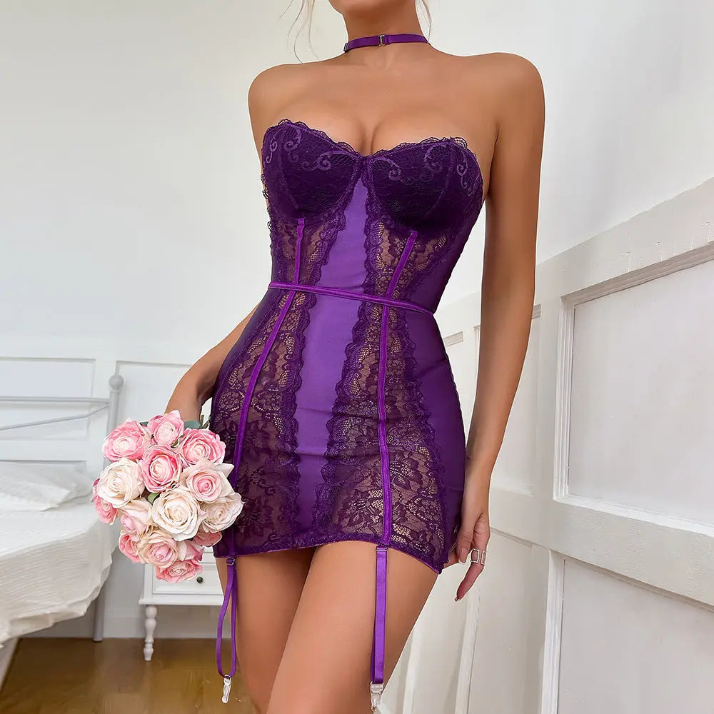Size M Seductive Purple Lace & Satin Corset Lingerie Dress