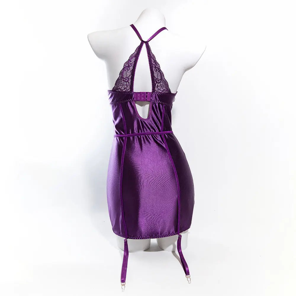 Size L Seductive Purple Lace & Satin Corset Lingerie Dress - Strapless Bustier with Halter Neck & Garters Femina Worldwide