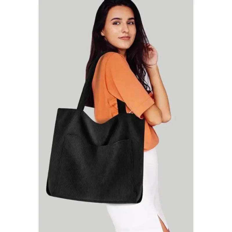 White Stylish Corduroy Canvas Tote Bag - Fashionable and Retro Shoulder Bag Femina Worldwide