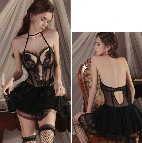 Black Sexy Sheer Lace Nightgown Set - Tempting Lingerie Uniform for Women Femina Worldwide