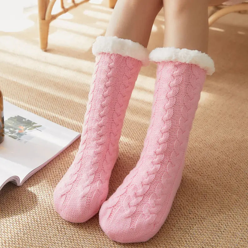 Red Women's Fuzzy Slipper Socks - Warm Fleece Lined Thermal Cable Knit Socks with Non-Slip Grips Femina Worldwide