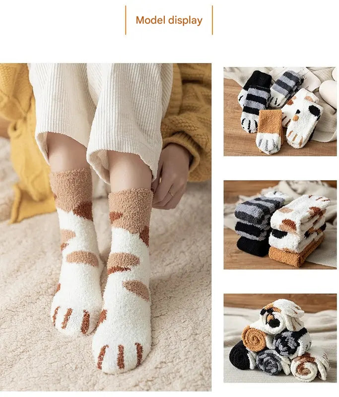 3-piece Black Cute Cat Paw Fuzzy Socks for Women - Plush Thermal Slipper Socks for Home & Lounging Femina Worldwide