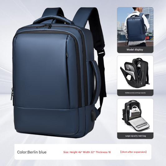 Blue Expandable Business Laptop Backpack with USB Charging Port - Large Capacity Work & Travel Bag for 15.6 Inch Laptops