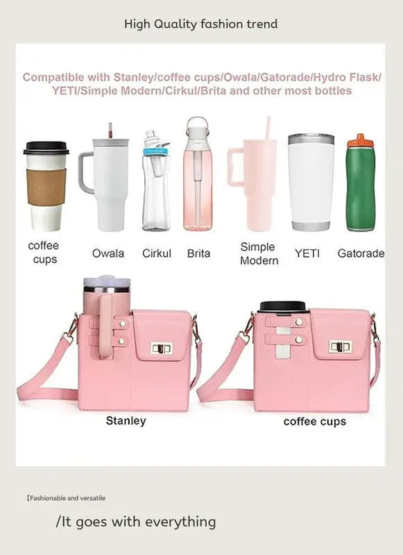 Chic PU Leather Crossbody Bag with Tumbler Holder - Multi-Compartment, Adjustable StrapChic PU Leather Crossbody Bag with Tumbler Holder - Multi-Compartment, Adjustable Strap,Does not include thermos cup(purple) Femina Worldwide