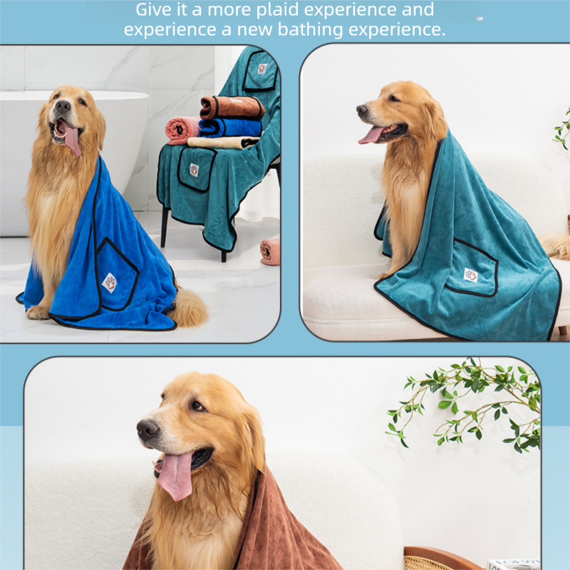 Grey 100*50cm icrofibre Pet Bath Towel with Hand Pockets - Super Absorbent Quick Dry Dog and Cat Drying Towel, Soft Grooming Blanket for Bathing, Cleaning and Everyday Pet Care