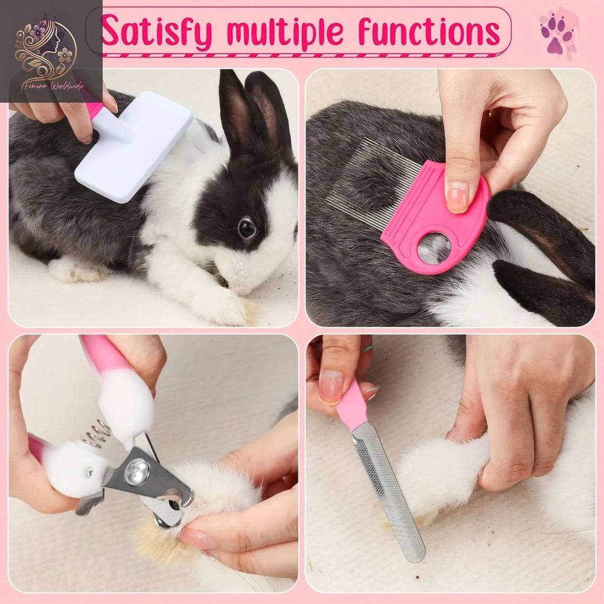 Pink 8-Piece Pet Grooming Kit - Nail Clippers, Slicker Brush, Flea Comb & Bath Glove for Dogs Cats Rabbits, Complete Home Care Pet Set