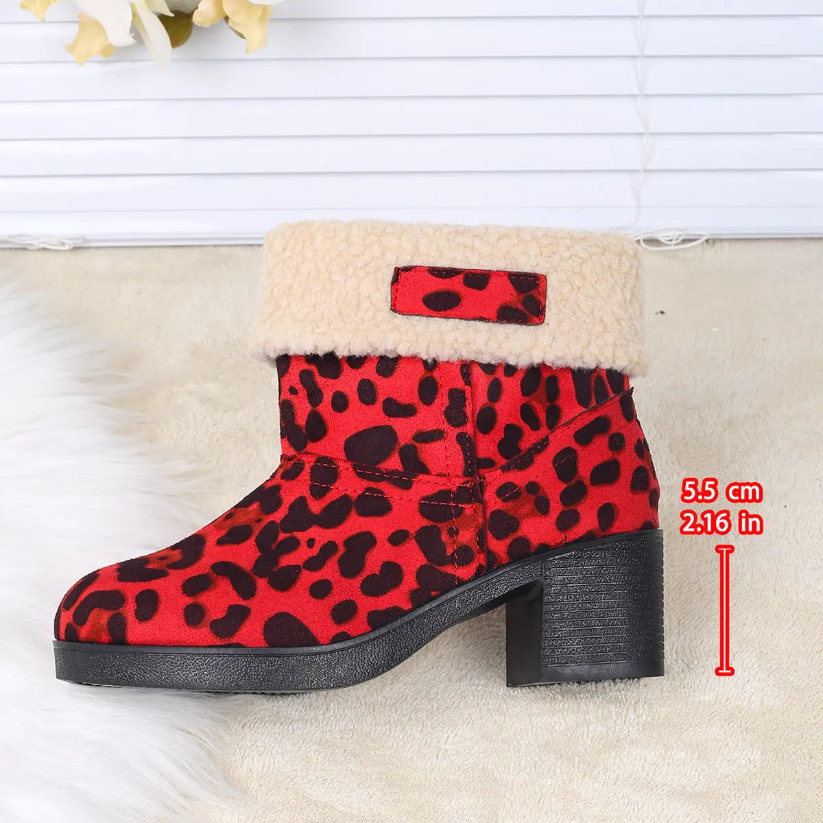 New Foldable Leopard Print Mid-calf Boots Winter Warm Fleece Thick Square Heels Boot For Women Fashion Round-toed Cotton Shoes My Store
