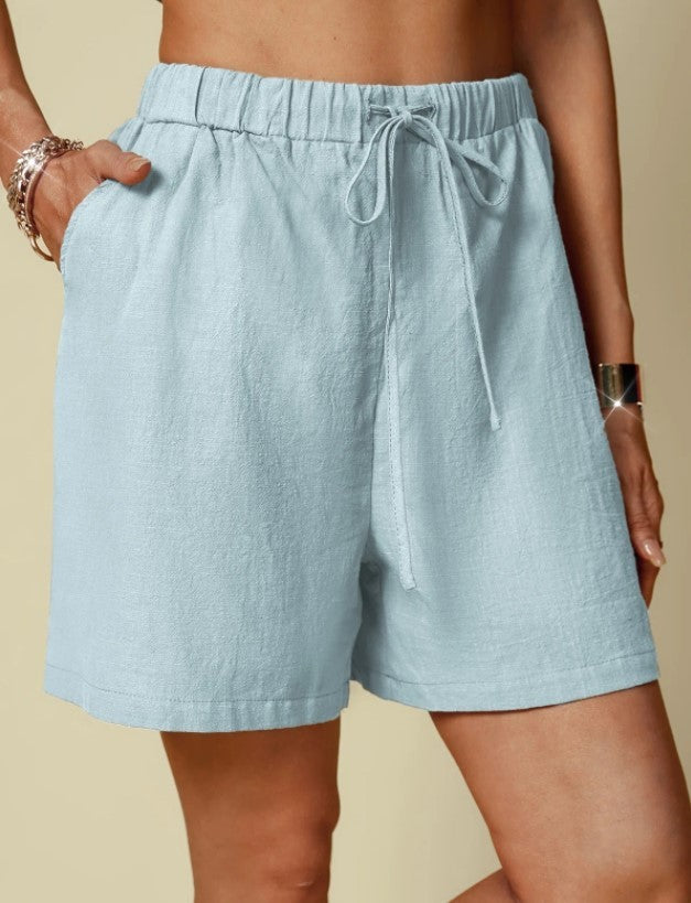 Solid Color Loose Casual Elastic Waist Lace-up Shorts For Women