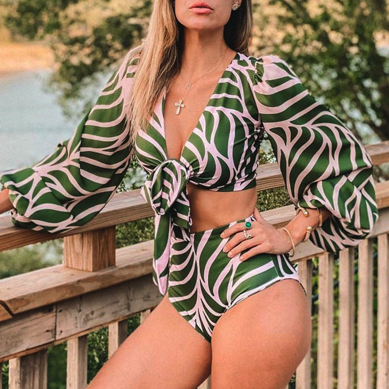 Long Sleeve Mesh Gauze High Waist Bikini Swimsuit