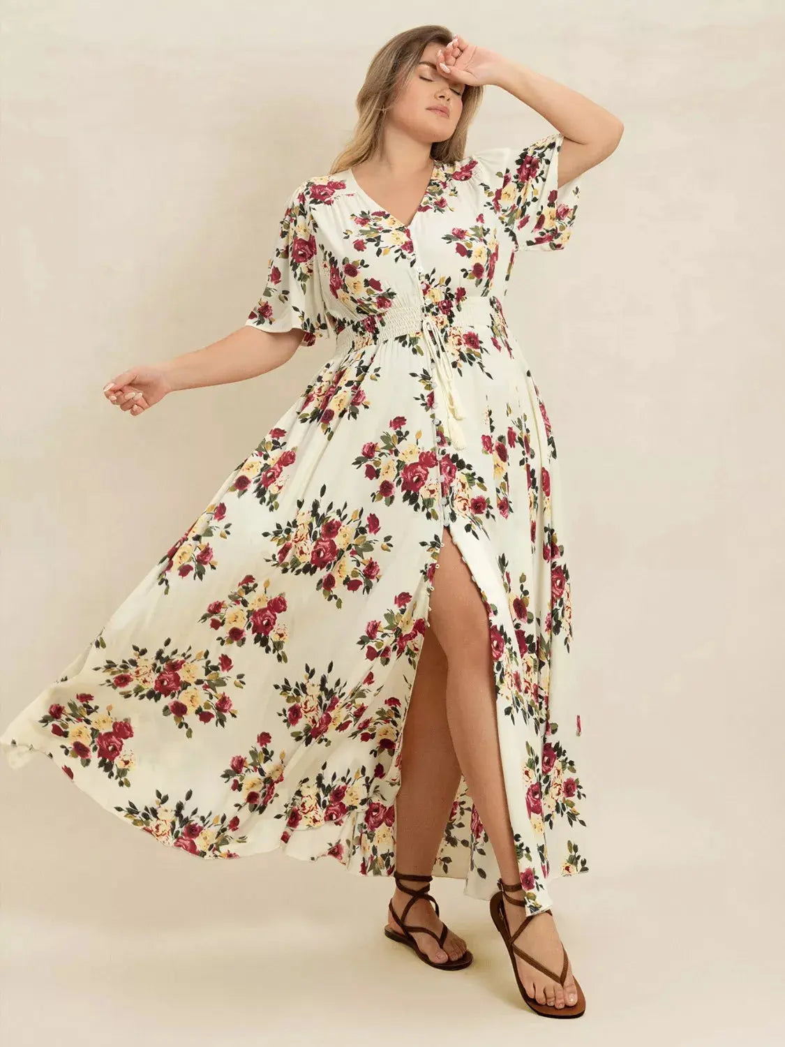 Plus Size Floral Flutter Sleeve Maxi Dress with Button Front Crimson Medea