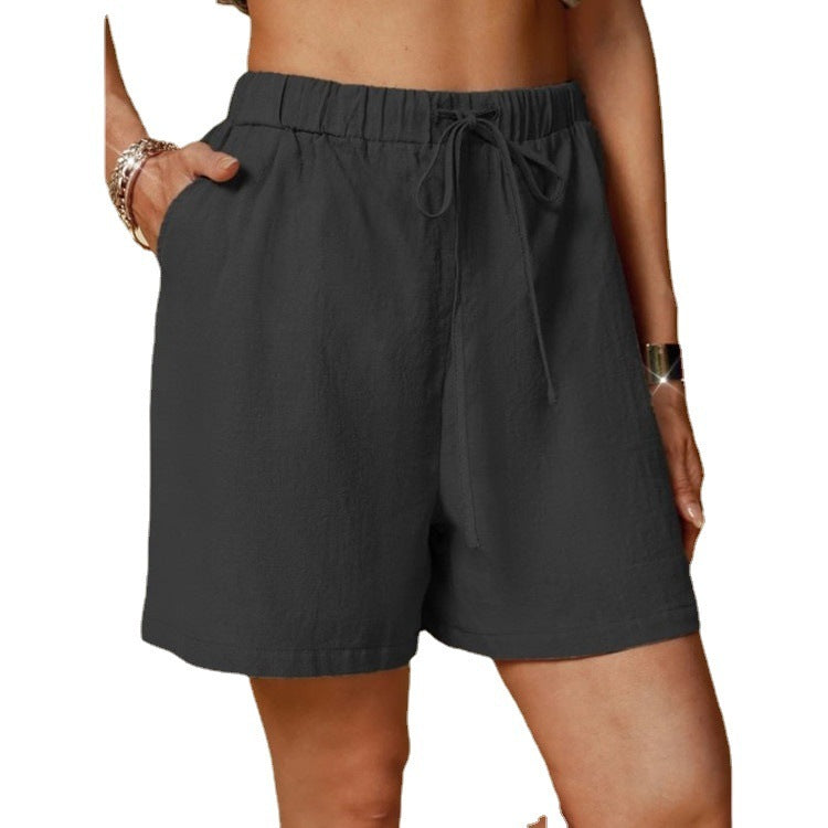 Solid Color Loose Casual Elastic Waist Lace-up Shorts For Women